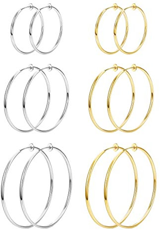 MILACOLATO 6 Paar Klipp Creolen Ohrringe für Damen Fake Ohrpiercing Kreolen Set Für Nicht Piercing Ohrringe Schmuck, 6 Größen Clip On Hoop Öhringen 30/40/50mm silber gold