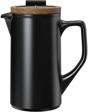 DHPO Ceramic French Press Coffee Maker, 22 Ounce Coffee Press Manual Brewer with Walnut Wood Lid, Premium Triple Filters Food Grade Stainless Steel for Coffee and loose Tea, Mother's Day Gifts, Black