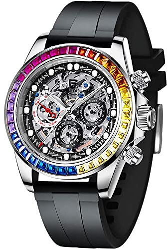 Pagani Design Herren Automatikuhr Diamant Regenbogen Automatik Mechanisch Wasserdicht Edelstahl Chronograph Skelett Herren 40mm (Klebeband roter Kreis)