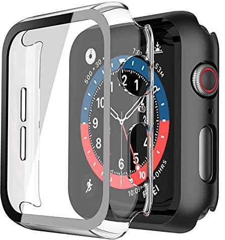 Recata 2 Pièces PC Coque Compatible avec Apple Watch SE3 / SE2 / SE/Serie 6 / Serie 5 / Serie 4 44mm, Protection Ecran Verre Trempé Ultra Mince Couverture Complète, 1 Noir + 1 Transparent