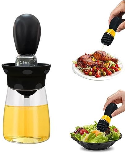 ANQIA 180ml 2 in 1 Olive Oil Dispenser Bottle for Kitchen Oil Dispenser with Silicone Brush Glass Oil Bottle for Cooking, BBQ, Frying, Baking, BBQ Pancake Black