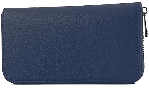modamoda de SILBER-P02 Damen Leder Geldbörse Portemonnaie lang Handmade in Italy, Farbe:Dunkelblau
