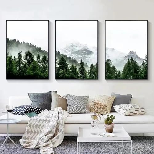 CHEVVY Nature brume forêt vert paysage art Toile tableau peinture moderne murale affiches et nordique Murale Tableaux chambre Decoration de la maison 40x60 cm x 3 sans cadre