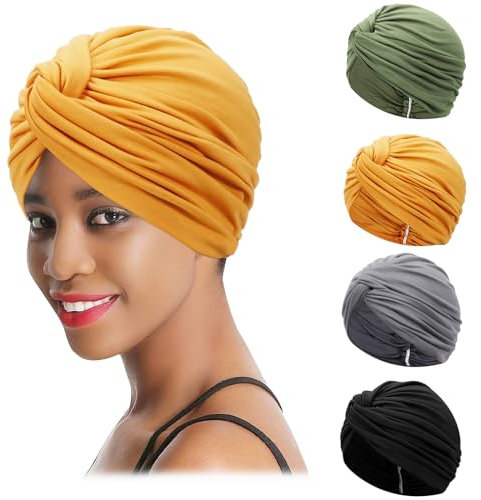 XEPST 4 Stücke Damen Chemo Hüte, Turban für Frauen Vorgebunden Beanie Kopfbedeckung Plissee Mütze Weich Kopfwickel Kappe Haarausfall Hut