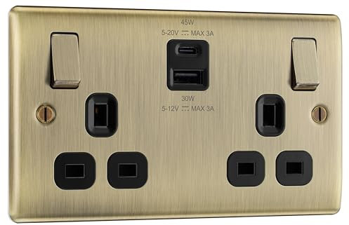 BG Electrical Double Switched Power Wall Plug Socket with Super Fast Charge USB A and USB C Ports, Nexus Metal, Antique Brass, 13A, 45W, NAB22UAC45B