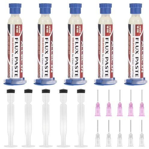 ALLECIN 5 Pezzi 10mL Flussante Senza Piombo Flussanti per Saldatura 10CC Solder Flux Paste No Clean Flussi per Pasta Saldante AEC-559 con Asta di Spinta e Ago per PCB SMD BGA