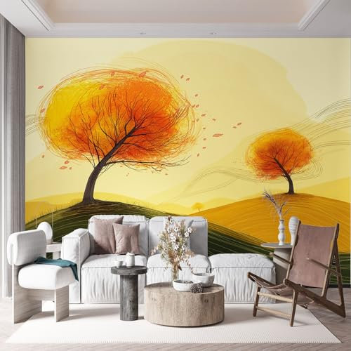 Papier Peint Intissé Collines Peintes de Style Européen, Papier Peint Photo HD Fresque Murale Jaune pour Salon Chambre Cuisine Restaurant 400 x 280 cm (L x H) Décoration Murale Fresque
