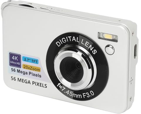 2.7in Digital Camera 4K, 56Mp HD DSLR Camera, 20X Zoom Autofocus Portable Vlogging Camera for Girls Boys Teenagers (Silver)
