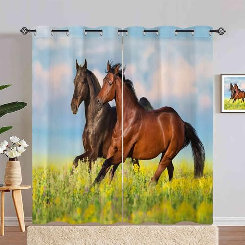 ANHOPE Tier Pferd Blume Feld Gardinen Blickdichte Thermo Vorhänge mit Ösen Weich Vorhang Blackout Curtain Wohnzimmer Schlafzimmer Verdunklungsvorhänge 2er Set H 210 x B 132 cm