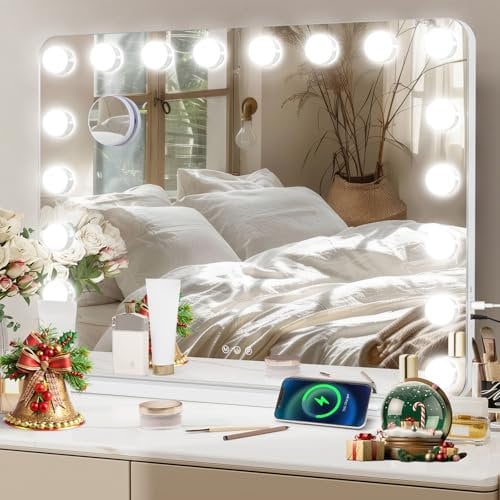 YU YUSING Hollywood Schminkspiegel mit Beleuchtung, 80x60cm 18 LED-Licht Kosmetikspiegel 3 Modi, Vanity Spiegel Tischspiegel Wandspiegel mit USB 10X Vergrößerung für Schlafzimmer Schminktisch, Weiß