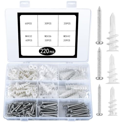 220 Piezas Juego de Tacos Pladur y Tornillos: 110 Tacos de Pared + 110 Tornillos Autoperforantes, Tacos de Nylon y Tornillos Autorroscantes para Fijaciones Madera, Paneles de Yeso, Concreto