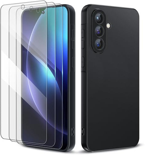 Qlfemna Handyhülle für Samsung Galaxy A36 5G Hülle mit 3 Stück Schutzfolie, 4 in 1 Set Rundumschutz Schutzhülle Cover - Ultra Dünn Weiche TPU Silikon Stoßfest Bumper Case Schwarz