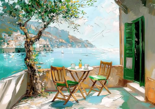STYLER Leinwandbild Holidays 70 x 100 cm I Mediterrane Terrasse mit Meerblick und Sommerstimmung I Wandbild Wohnzimmer Schlafzimmer Küche Büro I Wanddeko Urlaub Flair I Made in Europe
