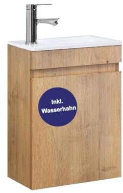 Kometmöbel Gäste-WC Waschtisch Set 40 cm Badmöbel Vormontiert Klein Waschbecken mit Unterschrank (Eiche (mit Wasserhahn Chrom))