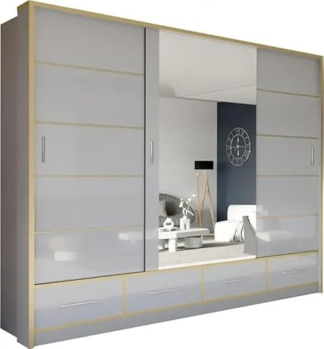 SLIDING WARDROBE 4U Manali Modern High Gloss Sliding Mirror Door Wardrobe with Drawers and Golden Strip (Grey Gold, 253cm)