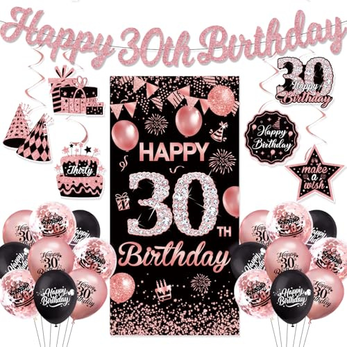 30th Birthday Decorations for Women Her, Rose Gold Happy 30th Birthday Banner & Balloons, 5.9 X 3Ft Backdrop 30 Year Old Party Decorations with 6PCs Hanging Swirls