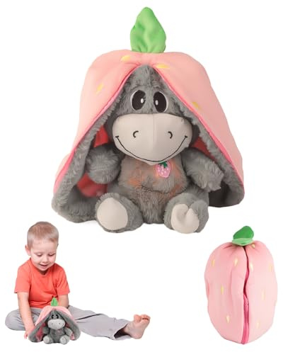 Lixstyea Atmendes Kuscheltier Esel - Schlummer Kuscheltier Erdbeeresel, Atmender Esel mit Musik und Atembewegung, Stofftier, Atmet Einschlafhilfe Tier, Kinder Spielzeug, Baby Spielzeug