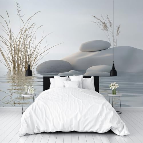 Zen Stein Fototapete Schlafzimmer, Botanische Wasser 3D Tapete Vliestapete, Asiatische Kultur Tapeten Wohnzimmer Kinderzimmer Abwaschbare Tapete Wasserfest 350 x 256 cm (B x H)