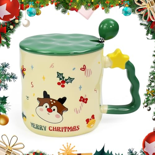 ADERTOS Taza de Café de Navidad 380ml Tazas de Cerámica de Navidad Taza de Leche con Tapa y Cuchara Taza Ceramica Taza de Té Taza Navideña Christmas Mug para Regalar para Cumpleaños Fiesta Navideña
