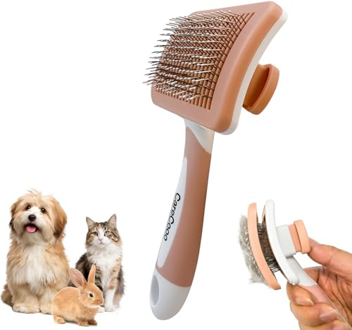 CareCooo Self-Cleaning Slicker Brush for Long Haired Cats,Dogs (Orange M) | Rounded stainless steel pins, one-click fur release, gentle undercoat grooming, non-slip handle