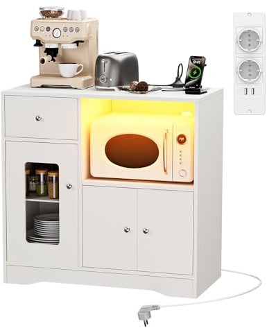 Ztexkee Aparador Cocina Mueble Auxiliar de Cocina Armario Buffet con Enchufe y LED, Mueble Microondas Cocina para Sala de Comedor Salón(Blanco, 83 x 40 x 80 cm)