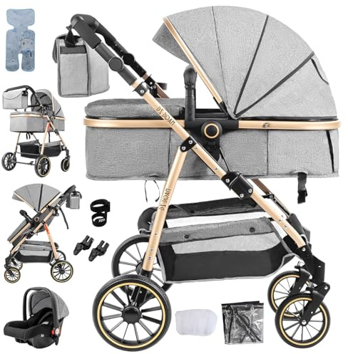 Veitoalioy Kinderwagen 3 in 1, Bequemer Multifunktionaler Kombikinderwagen 3 in 1 Komplettset, Aluminium Hohe Landschaft Babywagen Ein Fuß Bremsen, Faltbarer Kinderwagen Set (V8 Grey)