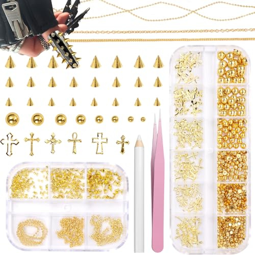 TESGADGETS Cross-Shaped Nail Charms, Punk Nail Pendants, Nail Art Spike Metal Studs, Flat Beads, Rhinestones, Beads for Nail DIY Craft Accessories, Gold