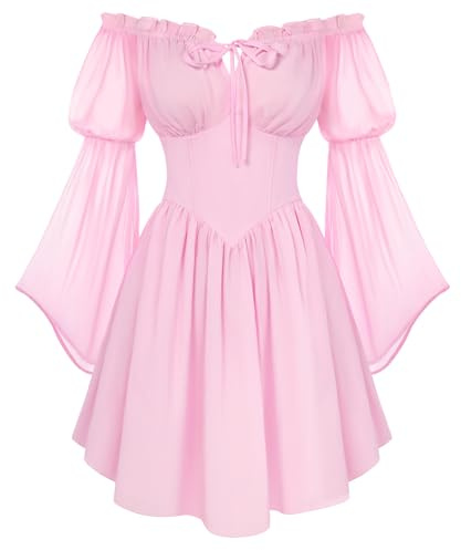SCARLET DARKNESS Robe corset d'été à épaules dénudées pour femme - Mini robe en mousseline de soie à manches longues - Robe de fée fluide