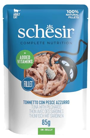 Schesir, Thunfisch mit blauem Fisch in Gelee, komplettes Nassfutter für Katzen, im Beutel, mit zusätzlichen Vitaminen, 100% natürlich, 12 x 85 g