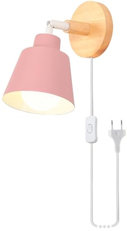 iDEGU Wandleuchte Innen Retro Wandlampe aus Holz und Metall Vintage Lampe mit Stecker und Schalter E27 Verstellbar Wandspot Moderne Wandleuchte für Schlafzimmer Flur Eingang Wohnzimmer (Matt Rosa)