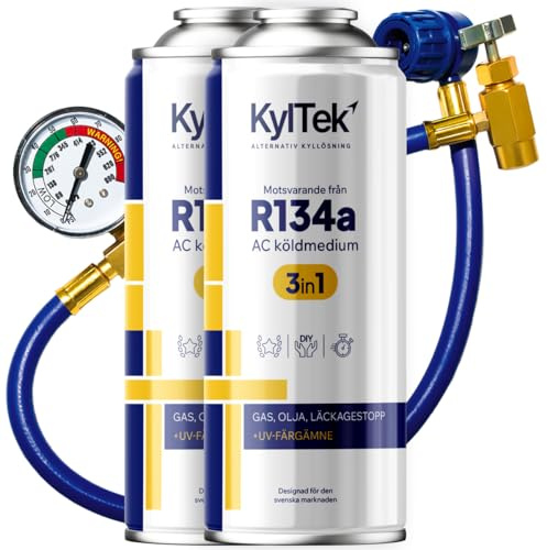KylTek Gaz de Remplacement R134a pour Clim Auto – Kit 3-en-1 : Recharge Gaz, Stop-Fuite et Lubrifiant avec Traceur UV – Compatible Véhicules avant 2016 – Entretien Climatisation DIY