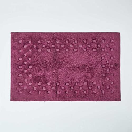 HOMESCAPES Check Border Bathmat Rug, Aubergine, Soft 100% Cotton 1200 GSM, Washable At Home, Non Slip Spray Backing