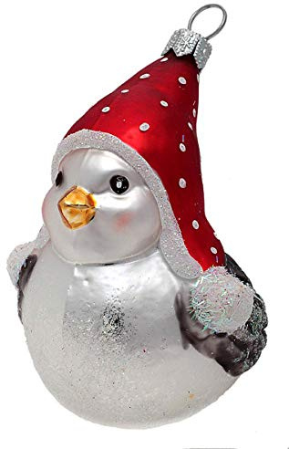 Hamburger Weihnachtskontor - Christbaumschmuck- Kugeln aus Glas -Vogel mit Mütze weiß