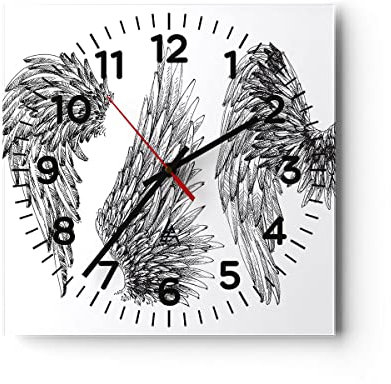 Modern Wanduhr Zeichnung Engel Flügel Federn 30x30cm Quadrat Klein Wand Uhr Glas Analog Zimmeruhren Küche Büro Wohnzimmer Glasuhr Wall Clock Dekoration Design Wanddekoration Küchenuhr C4AC30x30-2950