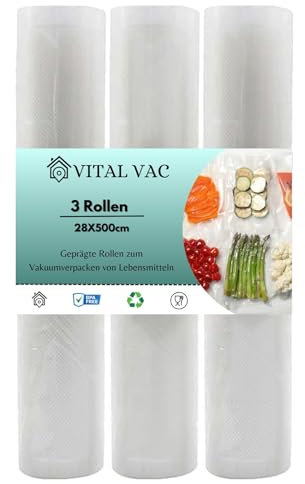 VITAL VAC 3 Rollos de 28cmx500cm de Bolsas Para Envasar al Vacío | Para Envasadora al Vacío Doméstica | Compatible con Silvercrest, Jata, Cecotec…
