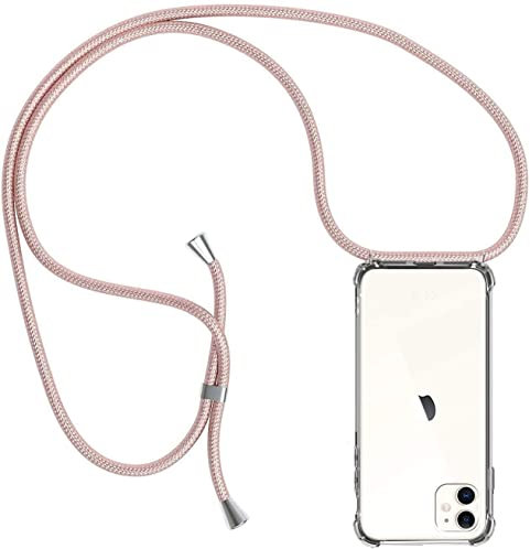 Casecool für iPhone 11 Hülle mit Band, Handyhülle iPhone 11 Handyband Hülle mit Kette Schutzhülle Kordel zum Umhängen Transparent Weich TPU Silikon Bumper, Rosé Gold