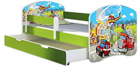 ACMA Kinderbett 160x80 Jugendbett mit Einer Schublade und Matratze, Farbe Grün, Rausfallschutz Lattenrost II Spielbett Kinderzimmer Möbel, 36 Feuerwehr
