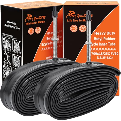 YunSCM 2-PCS 700C 700x18/25C Heavy Duty Bike Tubes 18/25-622 FV60mm Presta Valve, 28 inch Inner Tubes Compatible with 700x18C 700x23C 28x1.00 700x25C Racing/Mountain/City/Road Bicycle Tyre Tube