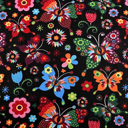 Baumwollstoff mit Kindermotiven | Meterware | Betten Decken Accessoires (Schwarz - mit Schmetterlingen und Blumen)