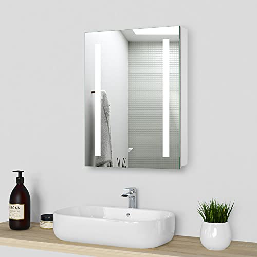 LED Bathroom Cabinet with Shaver Socket,Shelf Anti Fog Demister Touch Sensor Storage Mirrored Cabinets Wall Mounted 450x600mm