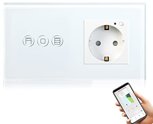 BSEED WiFi Smart Alexa Rollen Schalter mit Steckdose, Kompatibel mit Google Home Tuya, Glas Touchscreen-schalter Wlan Jalousien Schalter (Neutrale Leitung Benötigt) Weiß