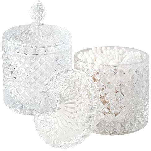 2 Pack Qtip Holder Thick Glass Apothecary Jars with Lid for Bathroom Decor Storage Organizer for Cotton Swabs, Balls, Pads, Floss Picks, Candy, Jewelry, Clear