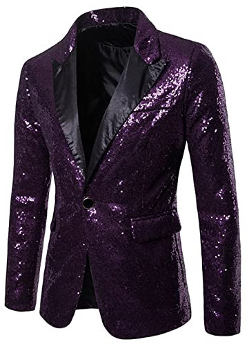WFEI Uomini Formali Glitter da brillano Giacche Sequins Partito Pulsante di Danza Cappotti da Sposa Festa Uomo Blazer Gentleman Suit Convenzionale,Viola,S