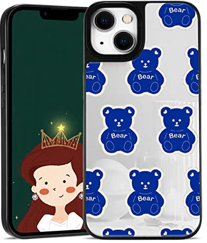 LuGeKe Blue Bear Case for iPhone XR, Cute Kawaii Animal Little Bear Art Pattern Design Protective Mirror Phone Case, Shockproof Hard Back Case with Soft TPU Bumper for Girls Women