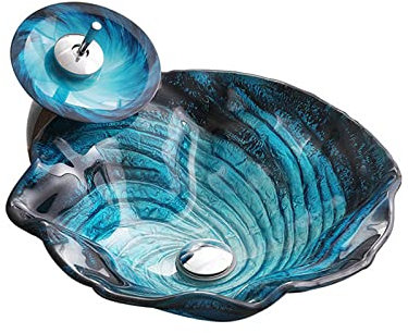 Ksunun Lavabo sobre Encimera Lavabo de Cristal Lavabo de Vidrio Templado Vortex Azul Negro Lavamanos de Baño Moderna con Anillo de Montaje de Drenaje de Agua de Grifo de Cascada, 450 x 450 x 150 mm