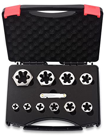 11-teiliges UNC Sechskant-Schneideisen-Set 1/4 Zoll 5/16 Zoll 3/8 Zoll 7/16 Zoll 1/2 Zoll 9/16 Zoll 5/8 Zoll 3/4 Zoll 7/8 Zoll 1 Zoll Rethreading Carbon Steel Black Box with Handle