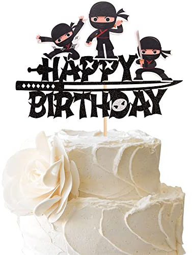 SYKYCTCY 1 Pack Ninja Happy Birthday Cake Topper Glitter Martial Arts Karate Kung Fu Warriors cake Picks Video Game Theme Party Decor, Boys Birthday Party Decorations Supplies Black