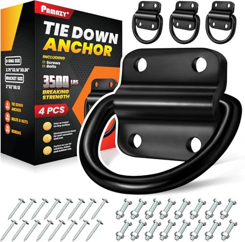 PAMAZY 4PCS Heavy Duty Steel D Rings Tie Down Anchors, Ultra Durable 3500 Pound Breaking Strength Surface Mount Hooks Securing Cargo for Trailer, Truck Bed, with Screws & Bolts