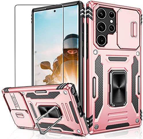 Jshru for Samsung S22 Ultra 5G Case with Slide Camera Cover,S22 Ultra Military Grade Shockproof Case with Ring Kickstand, Anti-Scratch Case for Samsung Galaxy S22 Ultra,Rose Gold