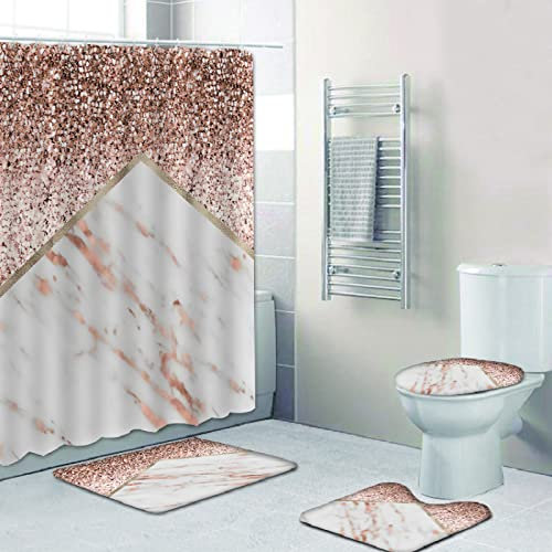 Rideau Douche Rose Gold - White Rideau de Douche Polyester Lavable Rideau Douche Tissu Rideaux de Douche Etanche Rideau de Douche Anti Moisissure avec 12 Crochets Plastique 180x180